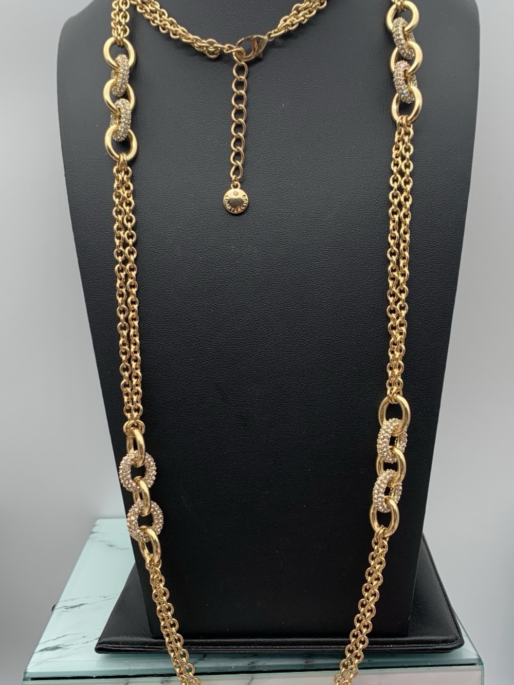 Charter club Long Gold tone Layered Chain Necklace with Pave Link Details 42-44”